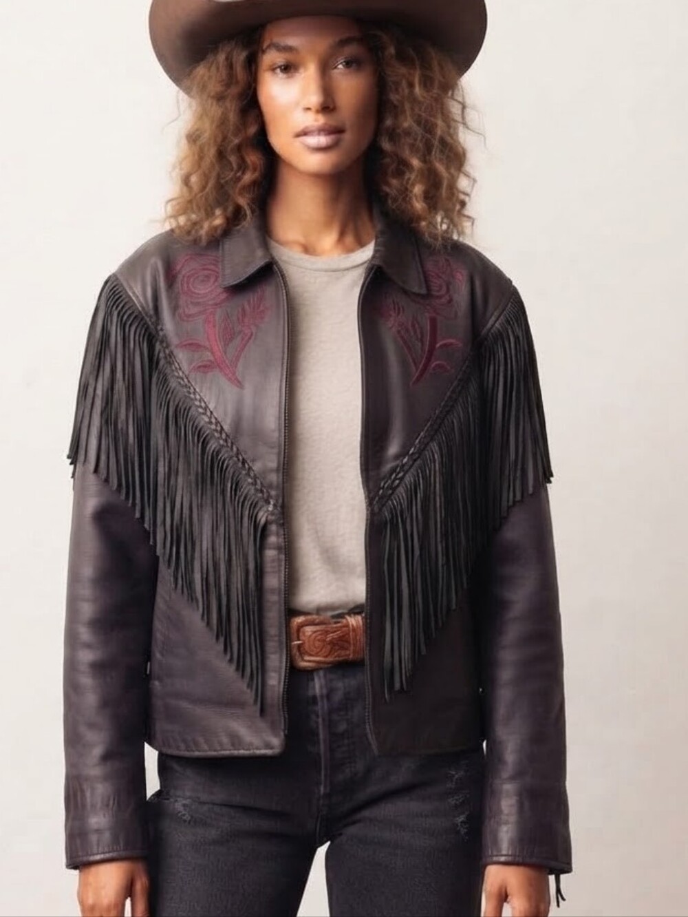 Vintage 80s Black Leather Fringe Jacket XL Purple Suede Rose Western Biker Moto
